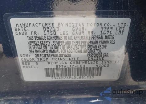 2013 Nissan Versa 1.6 S+ z USA, uszkodzony, nr VIN 3N1CN7AP6DL881530